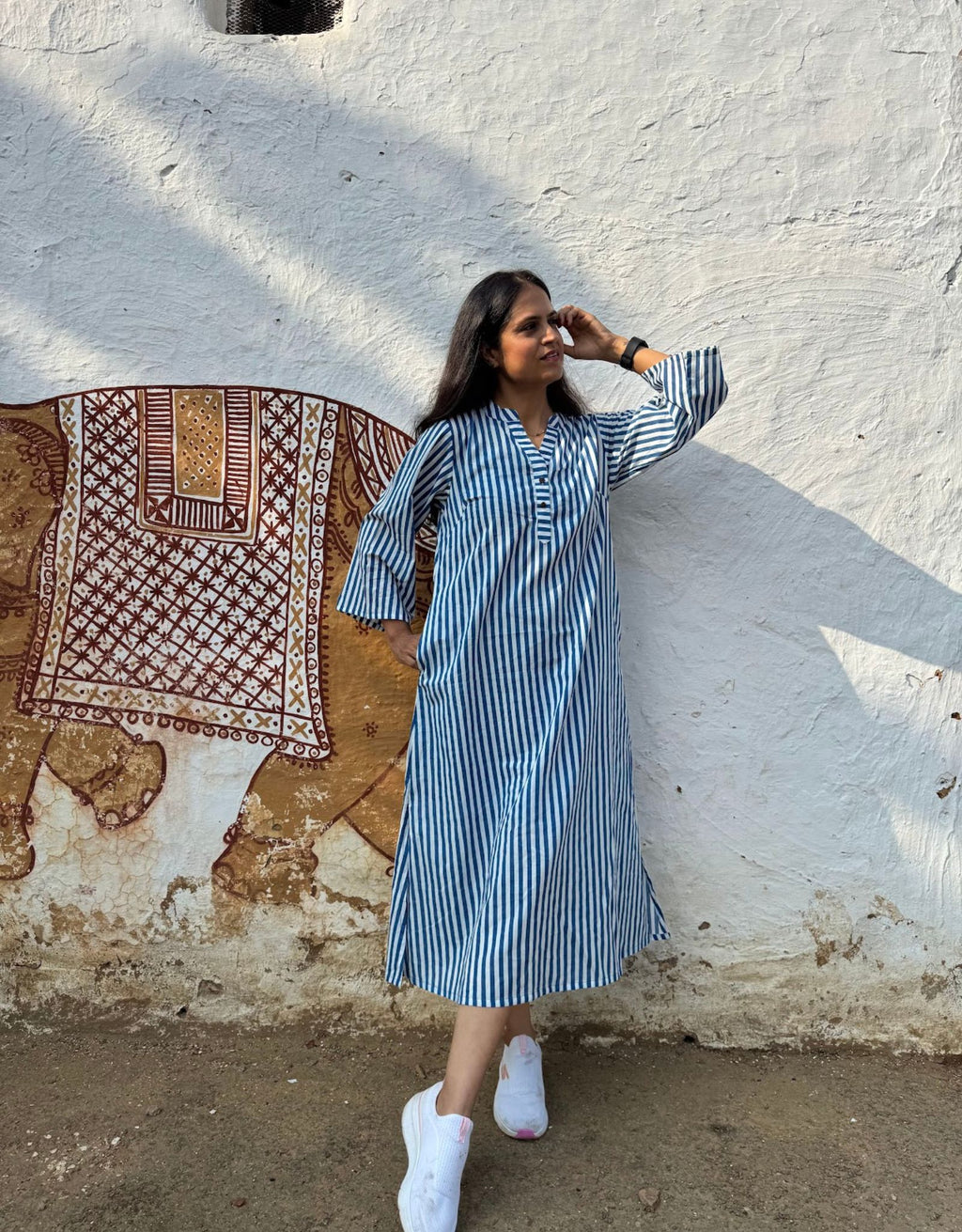 Blue Slid Slit Striped Cotton Flex Regular Fit Dress