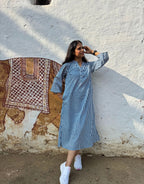 Blue Side Slit Striped Cotton Cambric Regular Fit Dress
