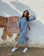 Blue Side Slit Striped Cotton Cambric Regular Fit Dress