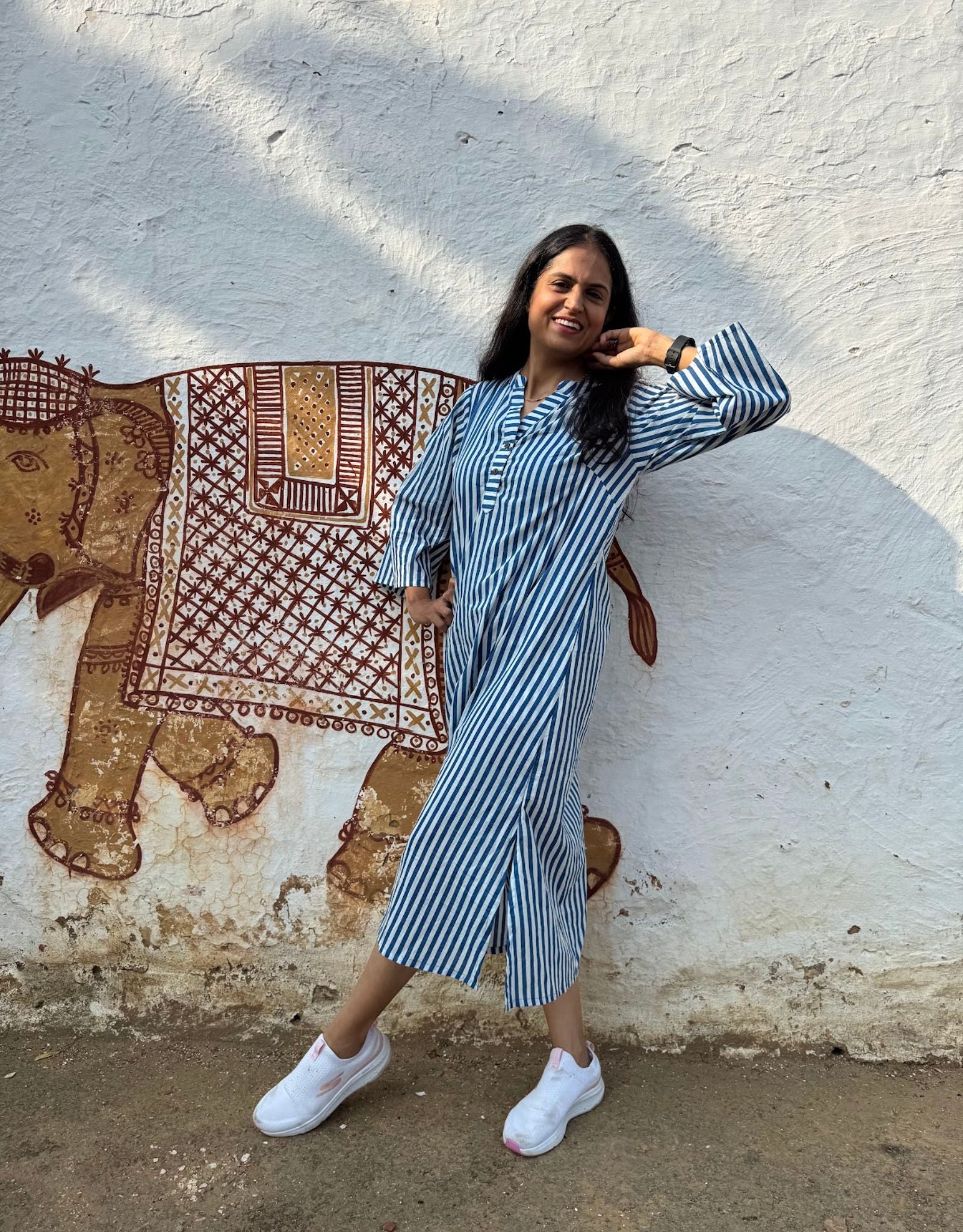 Blue Slid Slit Striped Cotton Flex Regular Fit Dress
