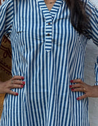 Blue Side Slit Striped Cotton Cambric Regular Fit Dress