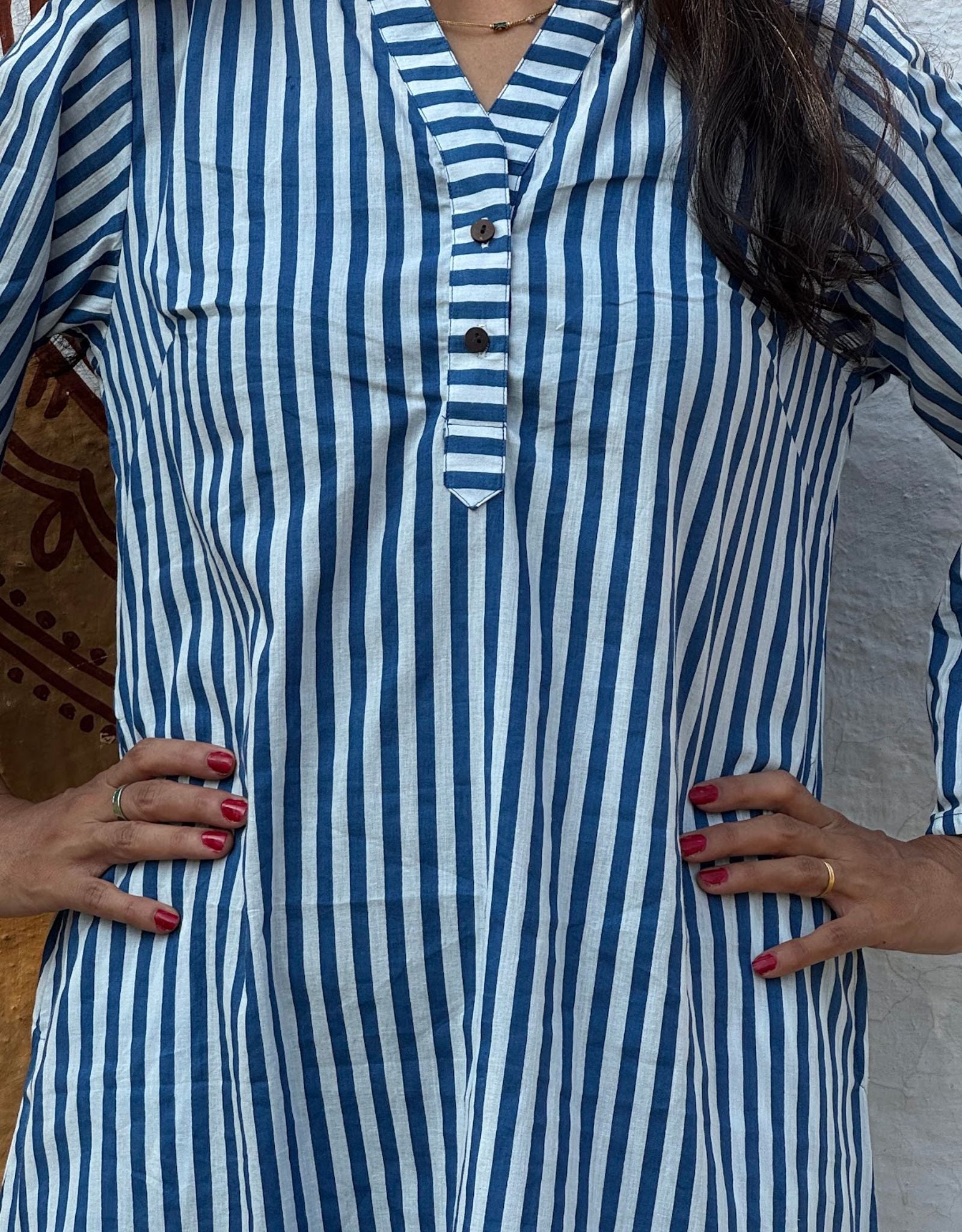 Blue Slid Slit Striped Cotton Flex Regular Fit Dress