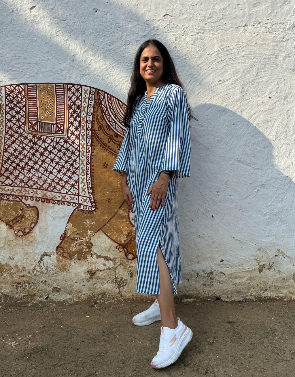 Blue Slid Slit Striped Cotton Flex Regular Fit Dress