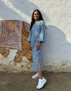 Blue Side Slit Striped Cotton Cambric Regular Fit Dress