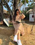 Brown Side Slit Striped Cotton Cambric Regular Fit Dress