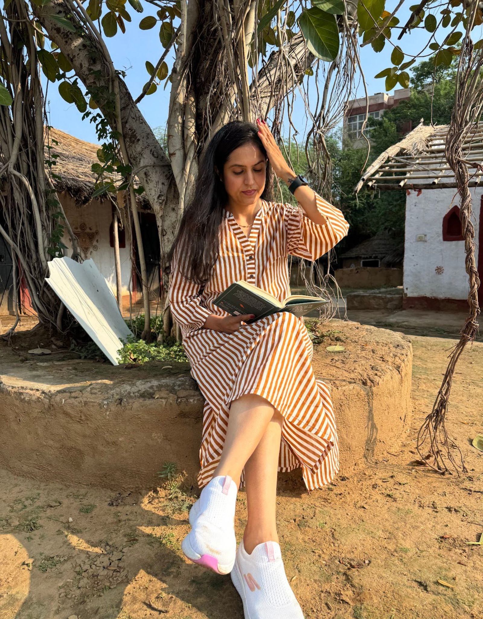 Brown Slid Slit Striped Cotton Flex Regular Fit Dress