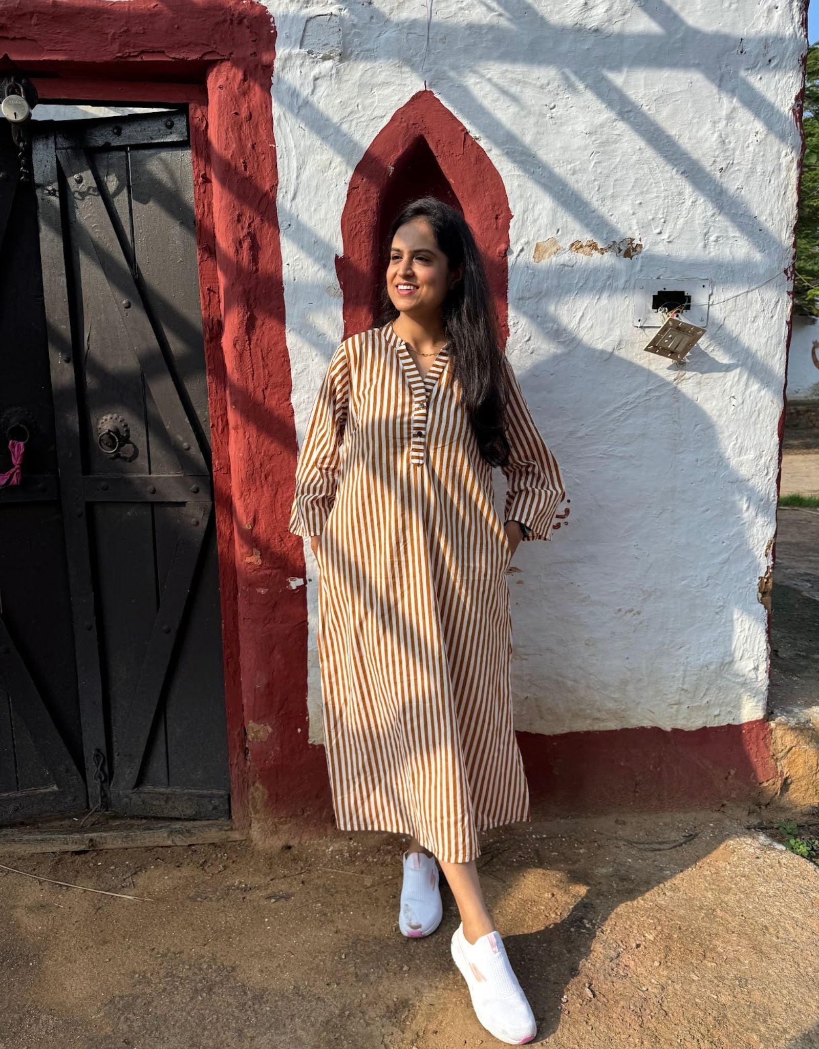 Brown Side Slit Striped Cotton Cambric Regular Fit Dress – GULABISHEHAR