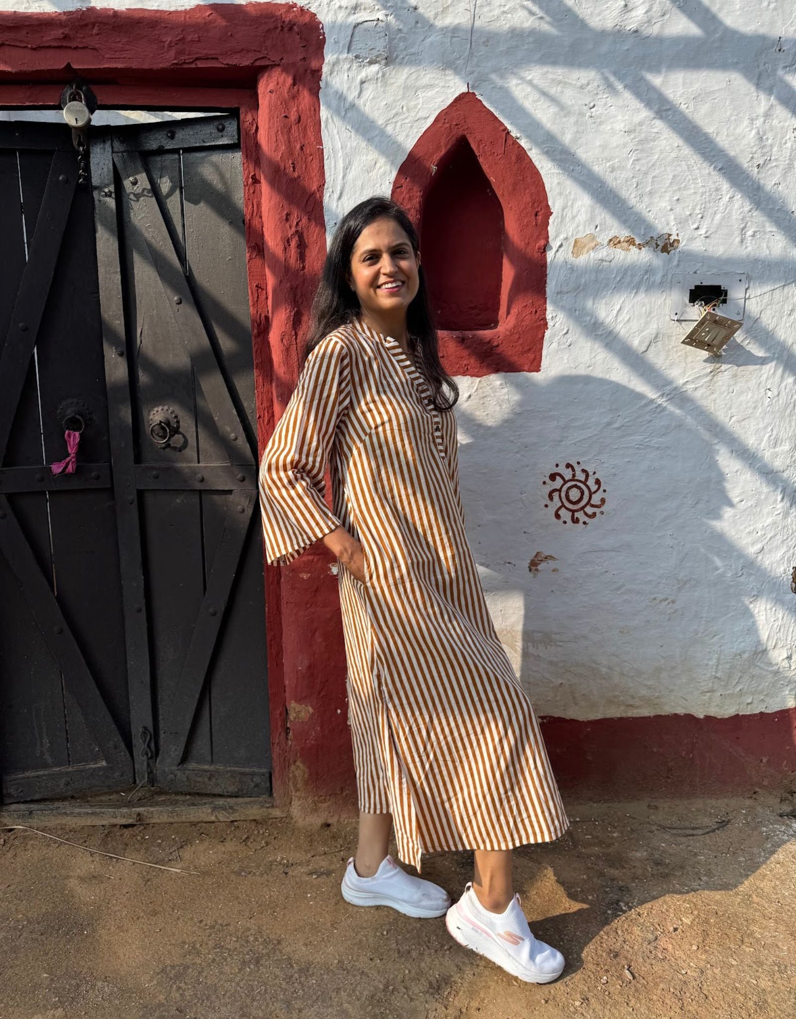 Brown Slid Slit Striped Cotton Flex Regular Fit Dress