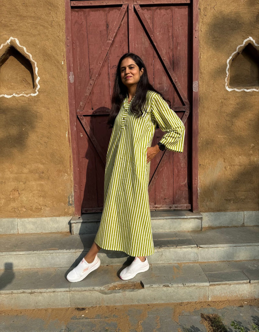 Green Slid Slit Striped Cotton Flex Regular Fit Dress