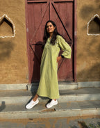 Green Side Slit Striped Cotton Cambric Regular Fit Dress