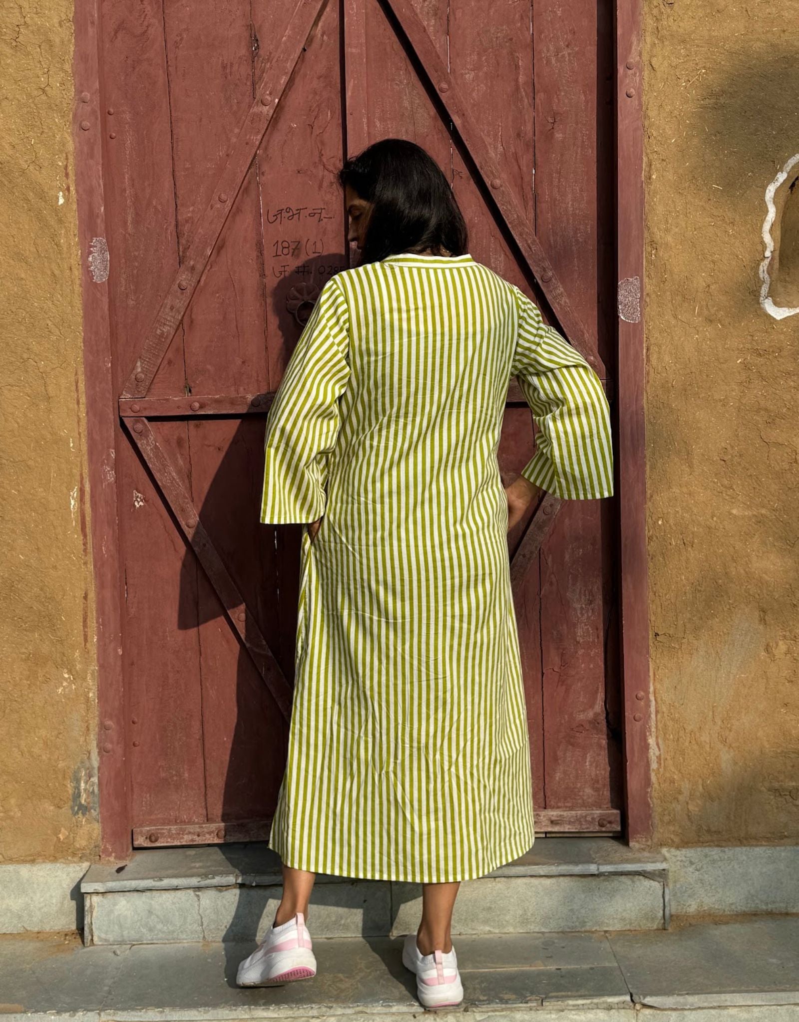 Green Slid Slit Striped Cotton Flex Regular Fit Dress