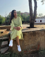 Green Side Slit Striped Cotton Cambric Regular Fit Dress