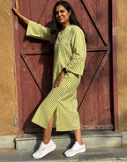 Green Side Slit Striped Cotton Cambric Regular Fit Dress