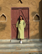 Green Side Slit Striped Cotton Cambric Regular Fit Dress