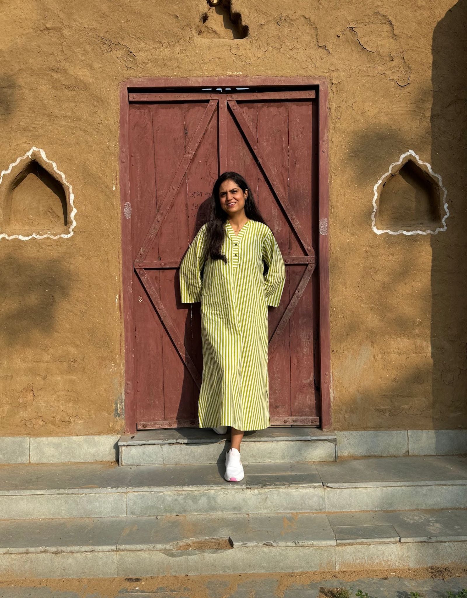Green Slid Slit Striped Cotton Flex Regular Fit Dress