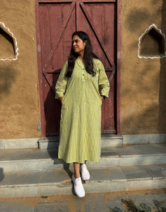 Green Side Slit Striped Cotton Cambric Regular Fit Dress