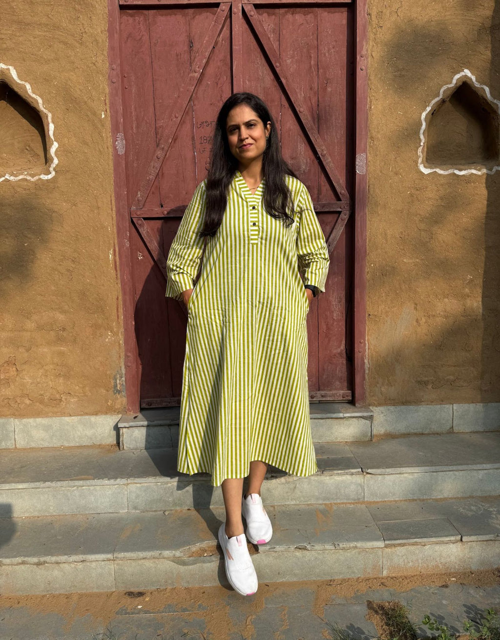 Green Slid Slit Striped Cotton Flex Regular Fit Dress