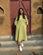 Green Side Slit Striped Cotton Cambric Regular Fit Dress
