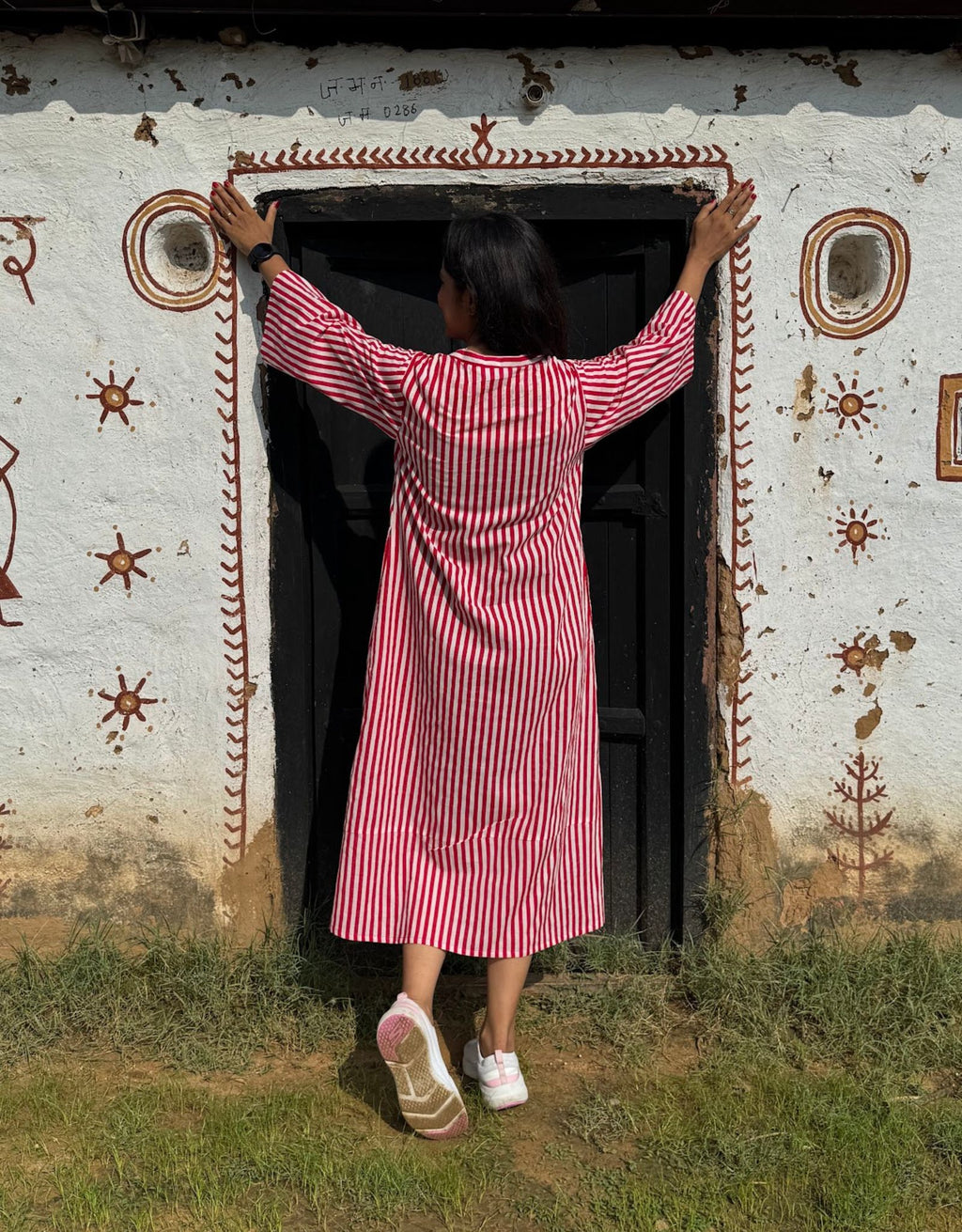 Red Slid Slit Striped Cotton Flex Regular Fit Dress