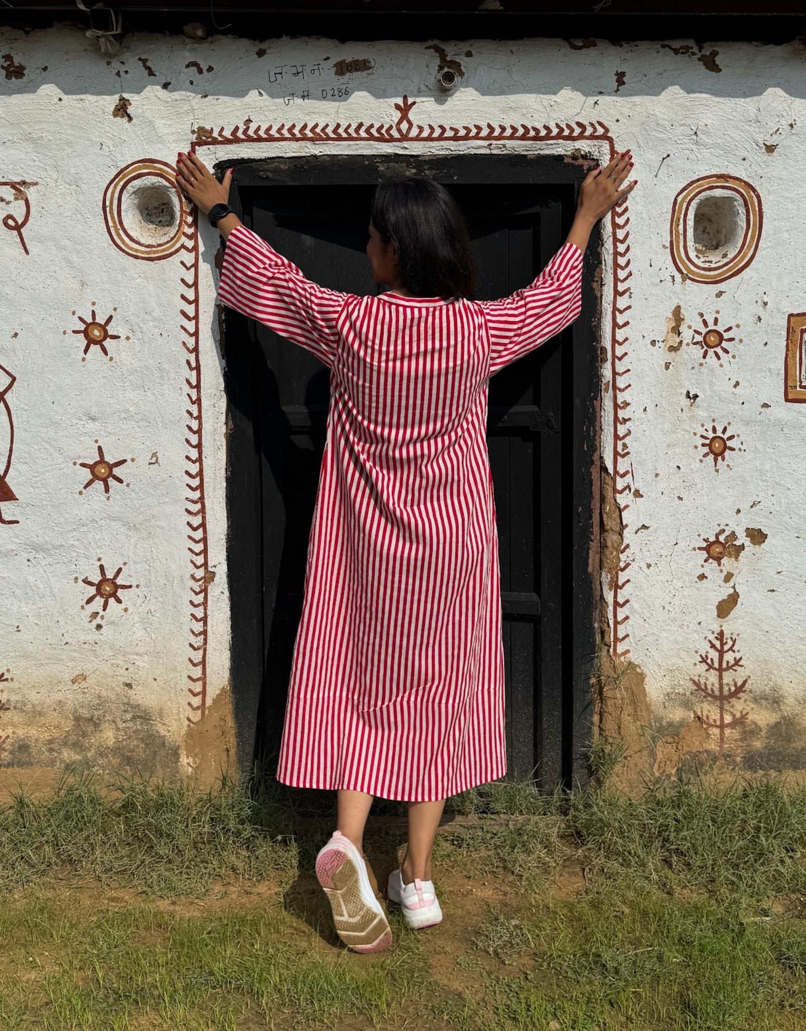 Red Slid Slit Striped Cotton Flex Regular Fit Dress