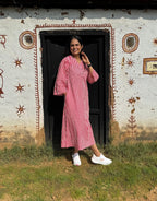 Red Side Slit Striped Cotton Cambric Regular Fit Dress