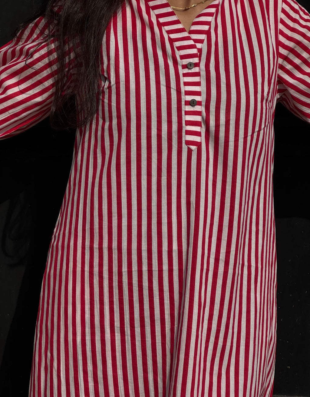 Red Slid Slit Striped Cotton Flex Regular Fit Dress