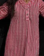 Red Side Slit Striped Cotton Cambric Regular Fit Dress