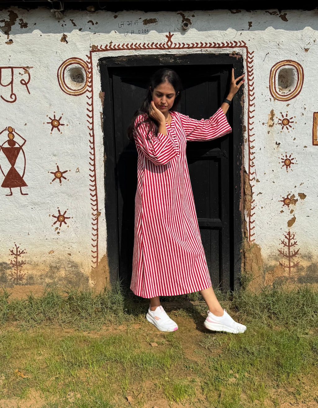 Red Slid Slit Striped Cotton Flex Regular Fit Dress