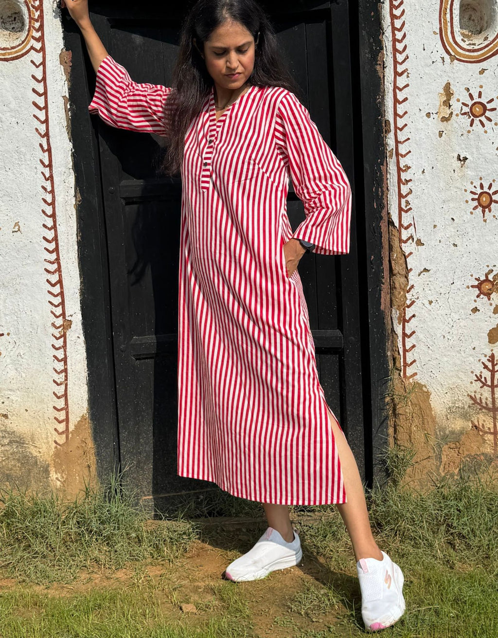 Red Slid Slit Striped Cotton Flex Regular Fit Dress