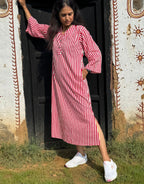 Red Side Slit Striped Cotton Cambric Regular Fit Dress