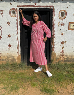 Red Side Slit Striped Cotton Cambric Regular Fit Dress