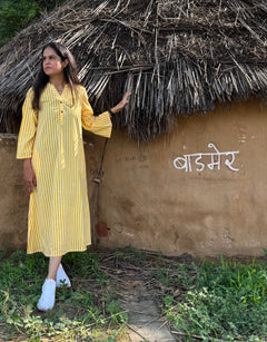 Yellow Side Slit Striped Cotton Cambric Regular Fit Dress