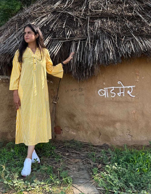 Yellow Slid Slit Striped Cotton Flex Regular Fit Dress