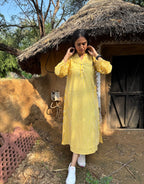 Yellow Side Slit Striped Cotton Cambric Regular Fit Dress