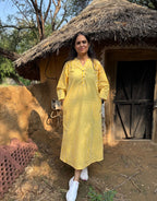 Yellow Side Slit Striped Cotton Cambric Regular Fit Dress
