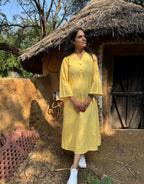 Yellow Side Slit Striped Cotton Cambric Regular Fit Dress