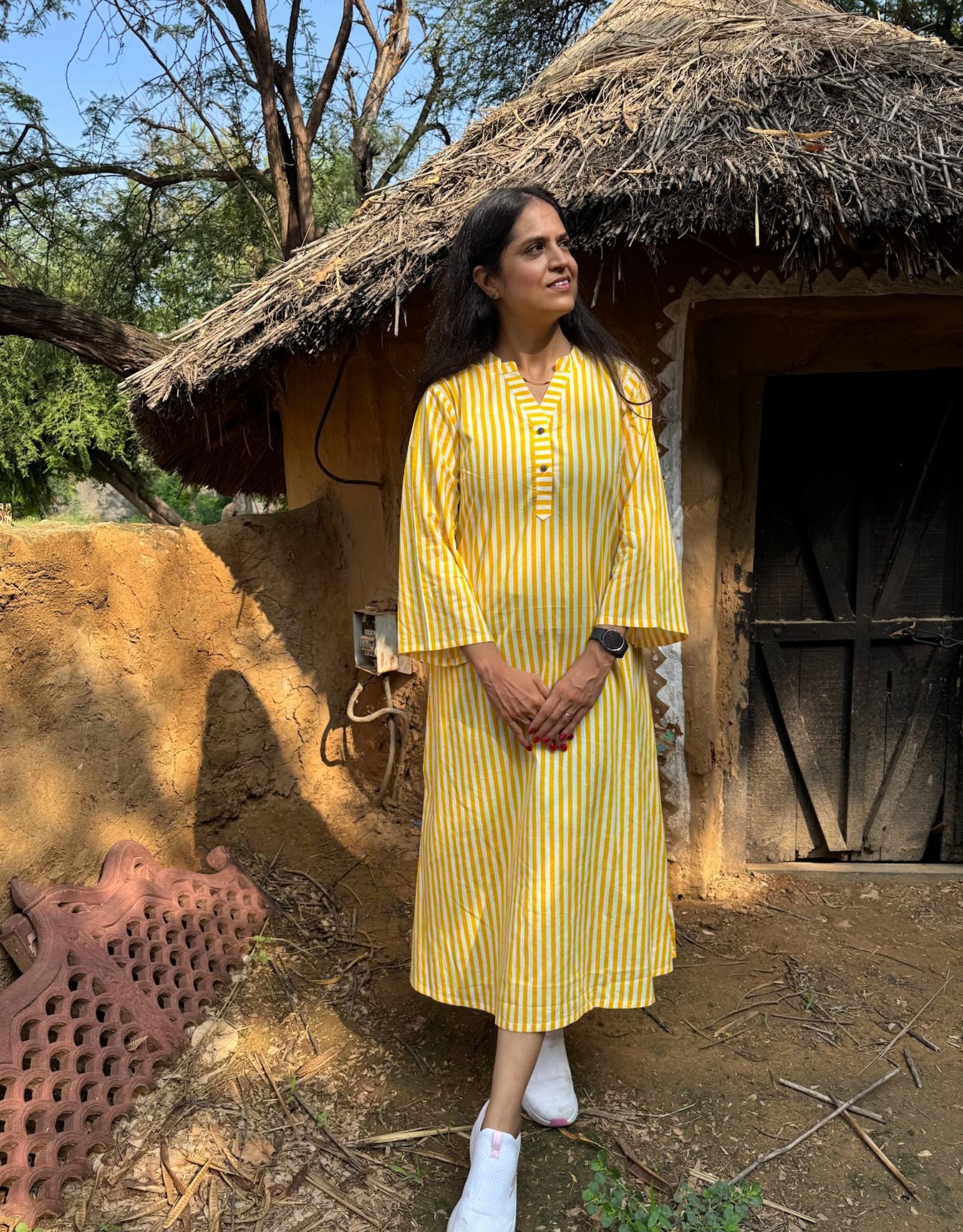 Yellow Slid Slit Striped Cotton Flex Regular Fit Dress