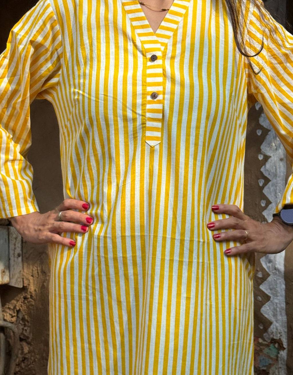 Yellow Slid Slit Striped Cotton Flex Regular Fit Dress