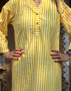 Yellow Side Slit Striped Cotton Cambric Regular Fit Dress