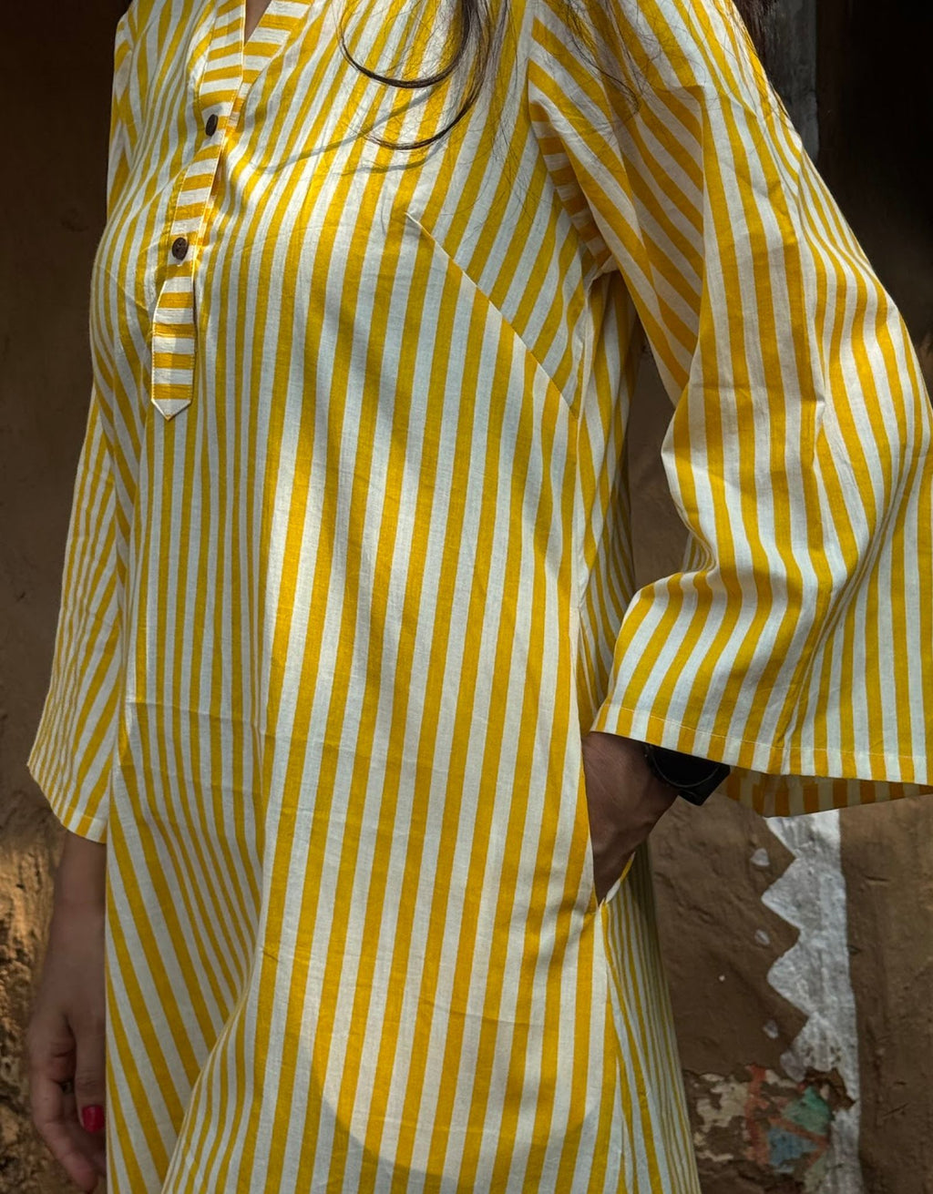 Yellow Slid Slit Striped Cotton Flex Regular Fit Dress