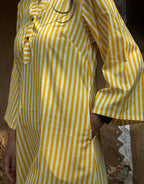 Yellow Side Slit Striped Cotton Cambric Regular Fit Dress