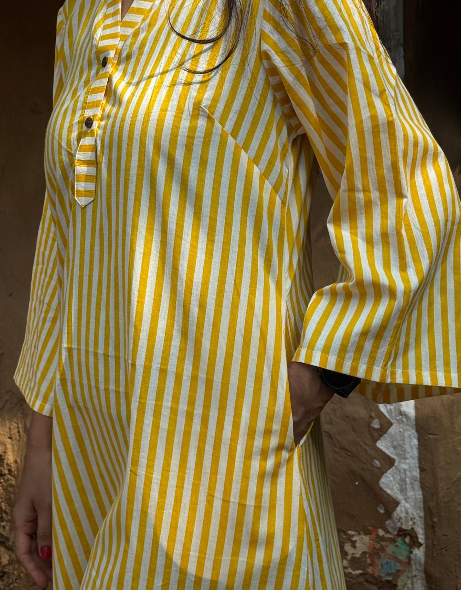 Yellow Slid Slit Striped Cotton Flex Regular Fit Dress