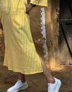 Yellow Side Slit Striped Cotton Cambric Regular Fit Dress