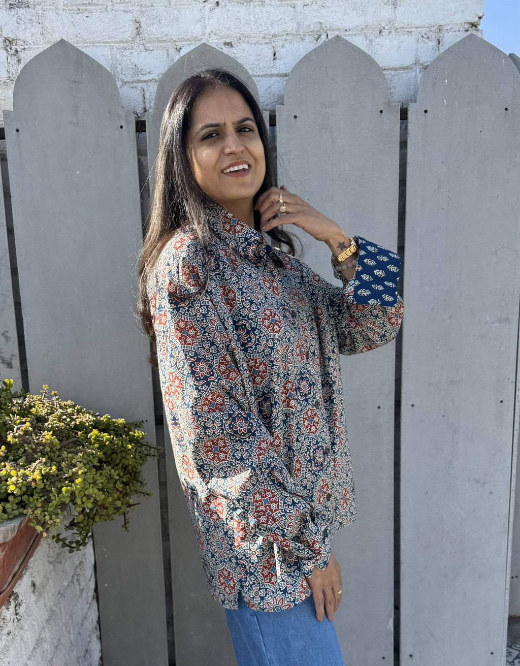 Ajrakh Mandala Cotton Oversized Shirt Without Pocket