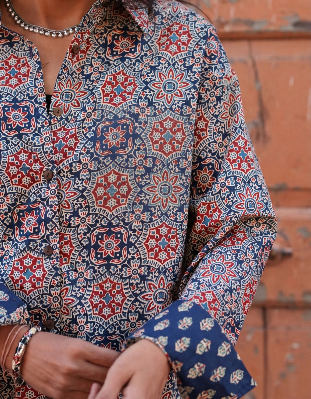 Ajrakh Mandala Cotton Oversized Shirt Without Pocket