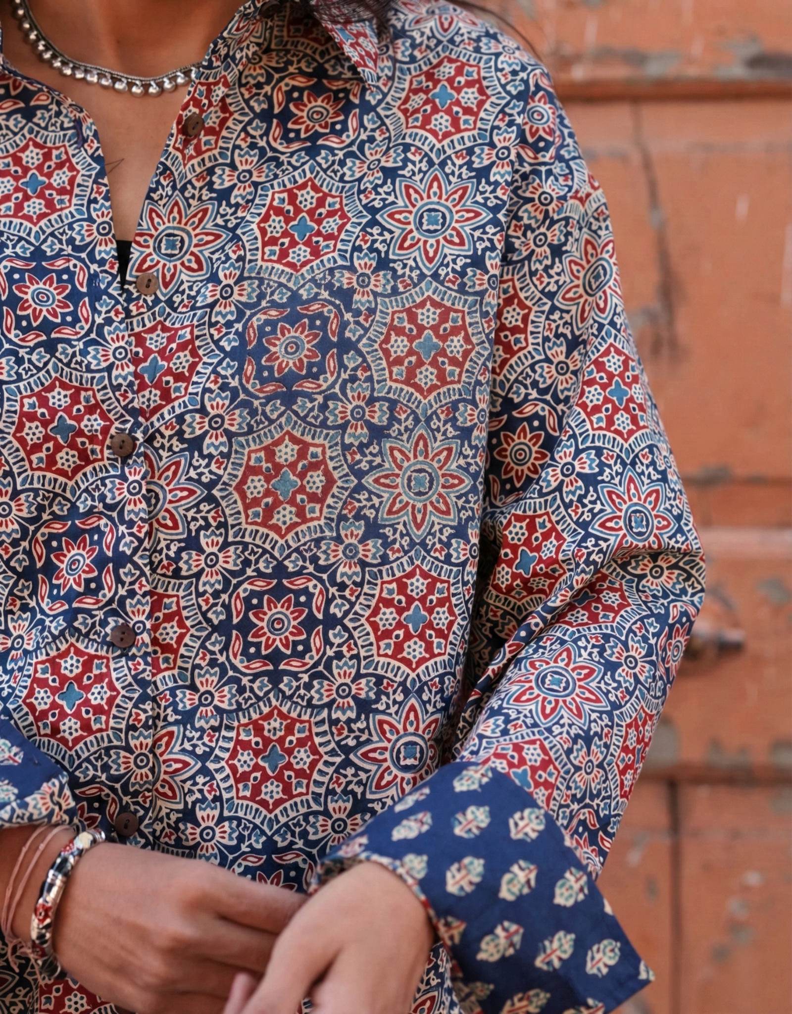 Ajrakh Mandala Cotton Oversized Shirt Without Pocket