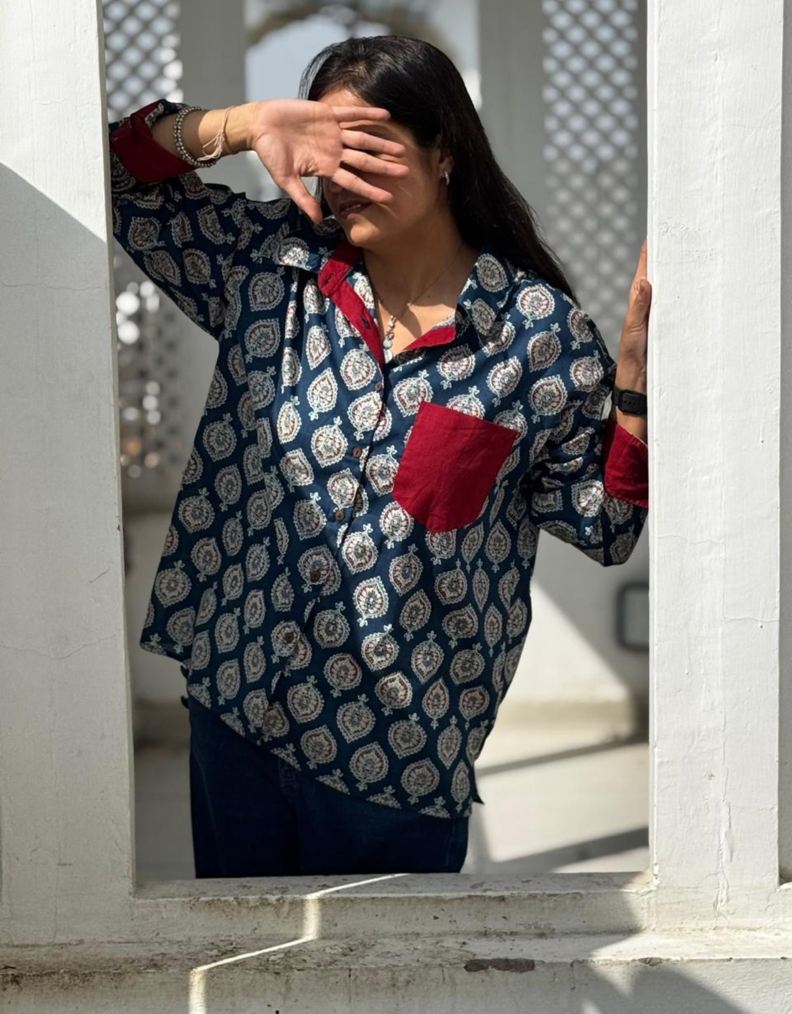 Ajarkh Patta Butti Cotton Oversized Shirt