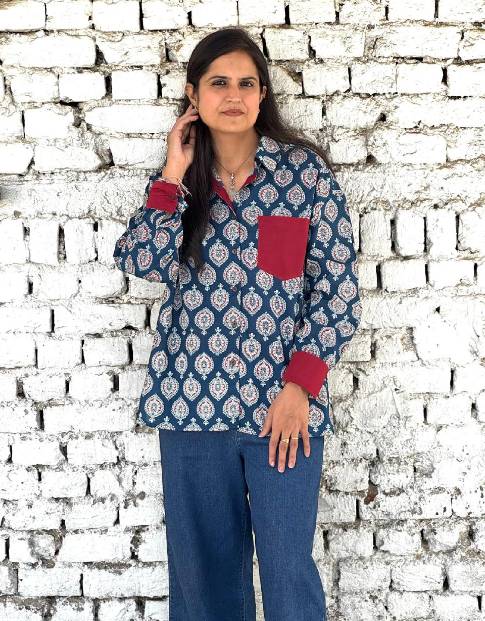Ajarkh Patta Butti Cotton Oversized Shirt