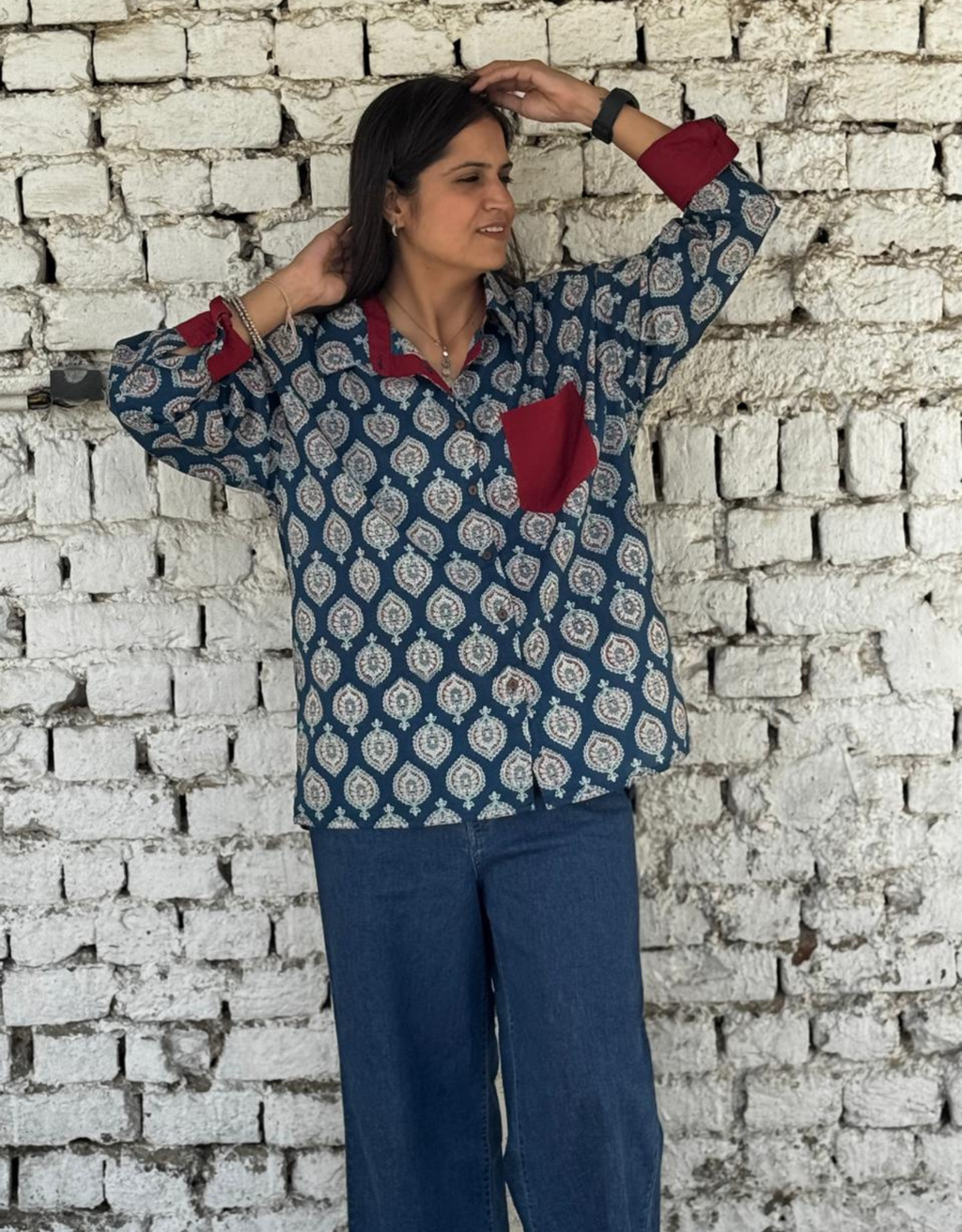 Ajarkh Patta Butti Cotton Oversized Shirt