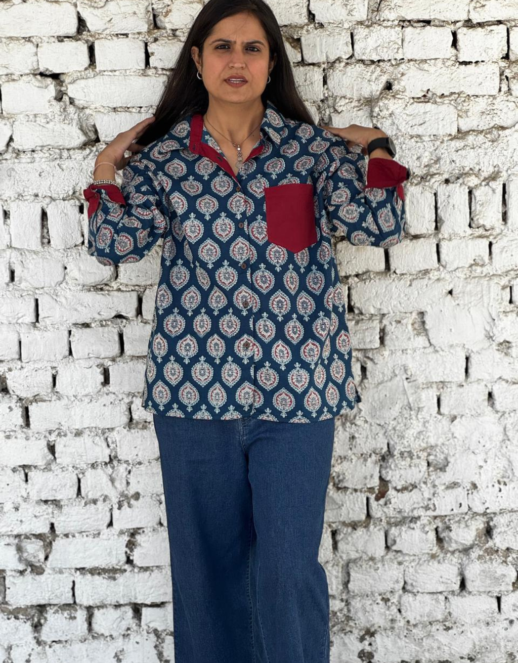 Ajarkh Patta Butti Cotton Oversized Shirt